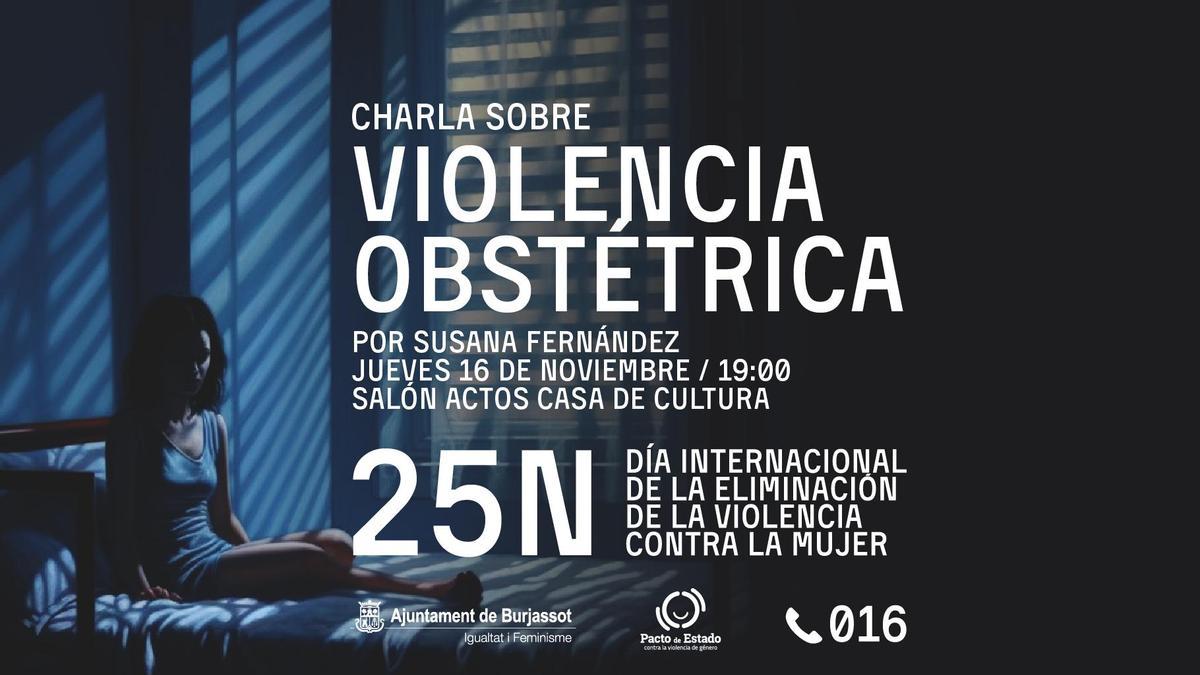 Cartel promocional de la charla sobre violencia obstétrica  que se va a impartir en Burjassot