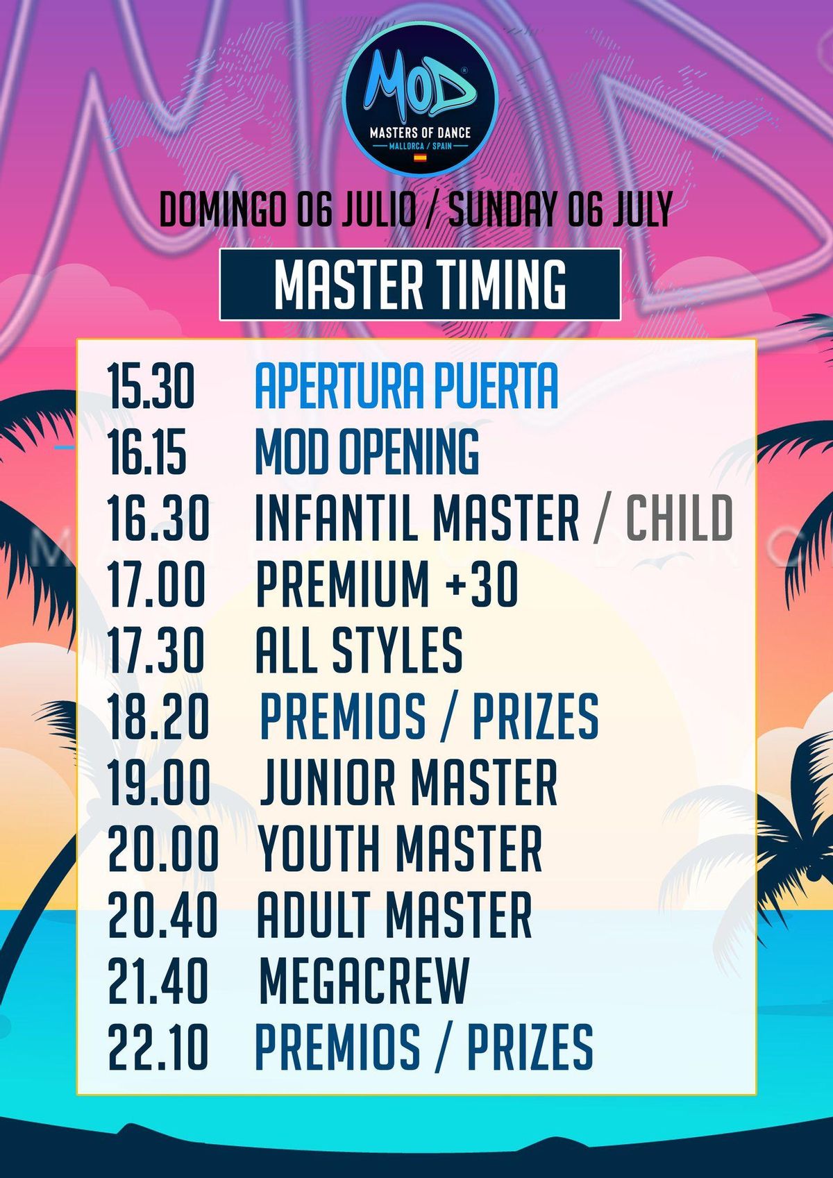 Horarios de la competición