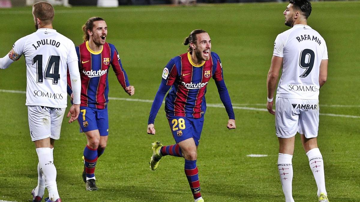 Mingueza celebra el seu
primer gol amb el Barça, que 
va suposar el 3-1.  albert gea/reuters