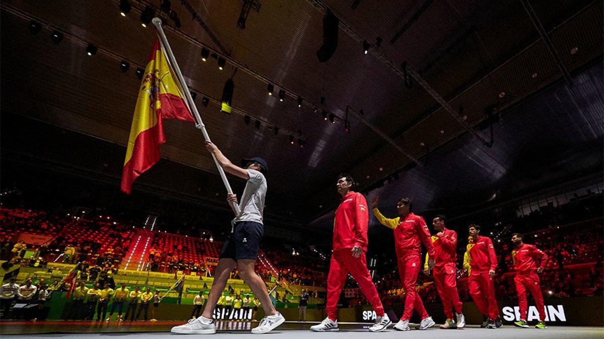 La selección española, durante la presentación de los equipos