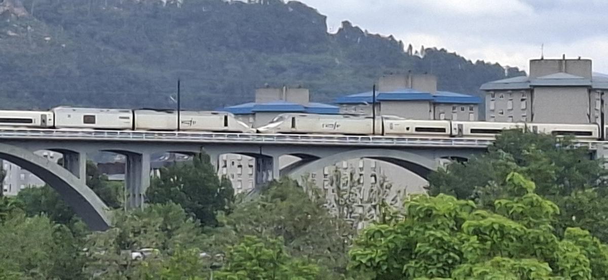 Trenes Alvia y AVE detenidos en el puente sobre el Miño a su paso por Ourense