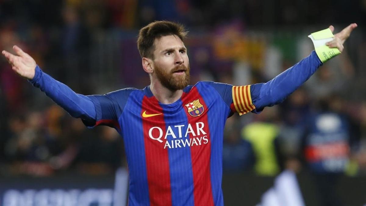 Messi celebra el pase del Barcelona a los cuartos de final de la Liga de Campeones.