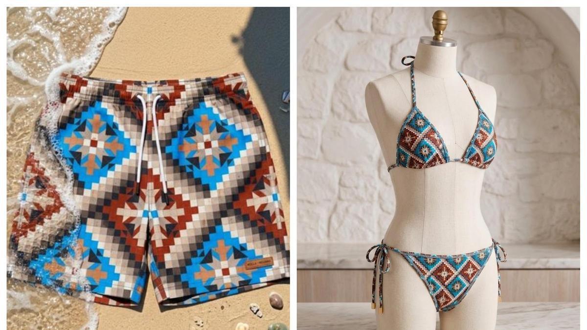 Bañador y bikini que se lanzará a la venta en Meliana con el mosaico de Nolla.