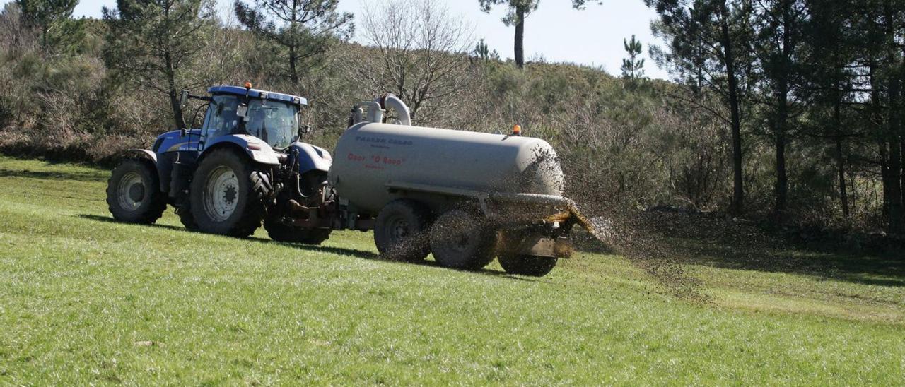 Un tractor extiende purines en una finca en Rodeiro.