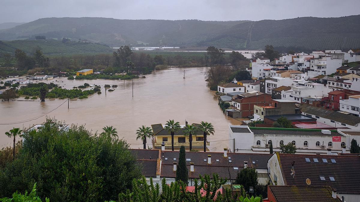 La localidad gaditana de San Martín del Tesorillo y su entorno próximo inundado tras el paso de la borrasca Leonardo.