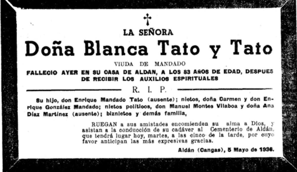 Esquela de Blanca Tato, en FARO DE VIGO.