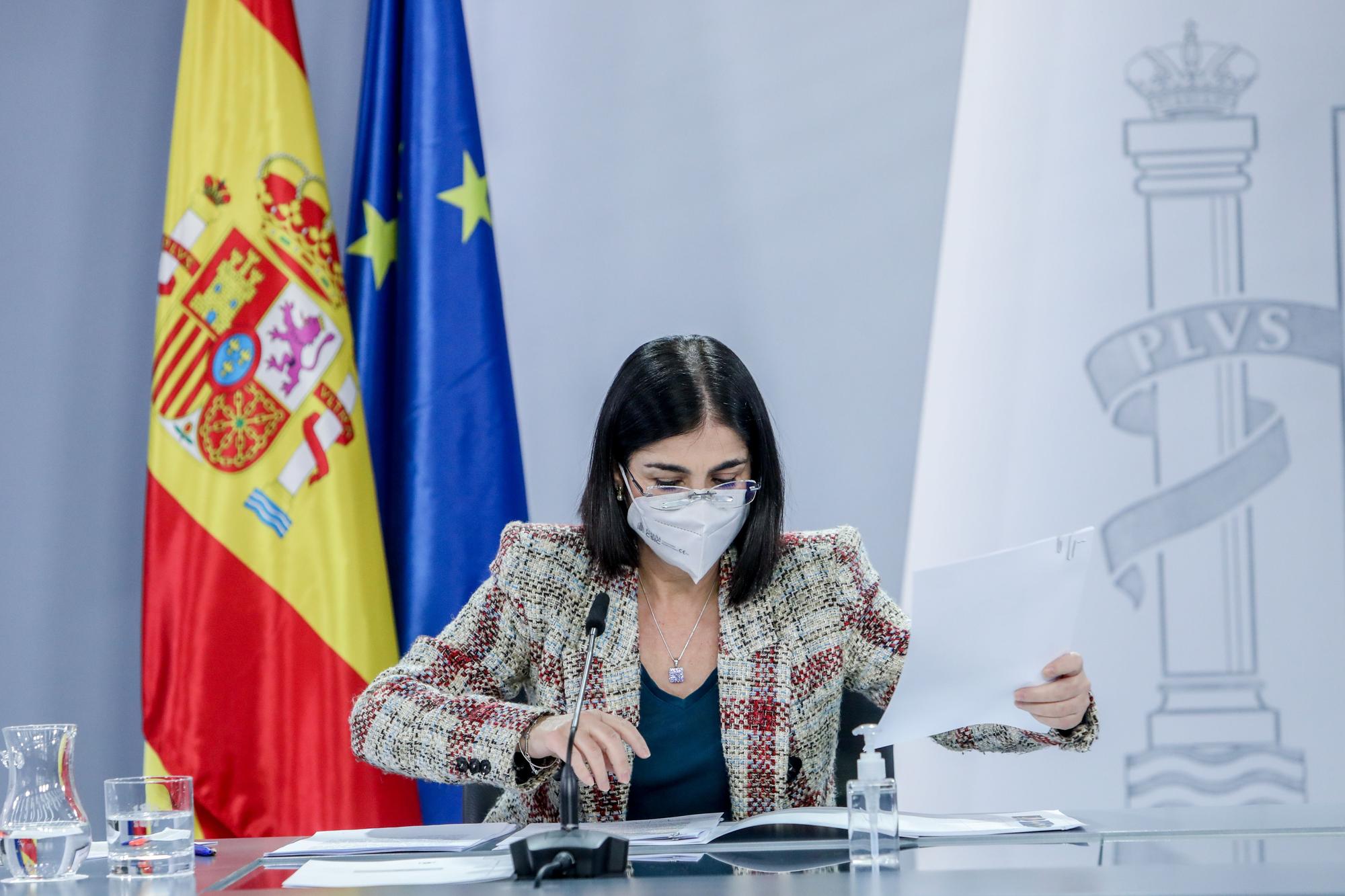 La ministra de Sanidad, Carolina Darias, en una rueda de prensa para informar de los asuntos tratados en el Consejo Interterritorial del Sistema Nacional de Salud, en la Moncloa, a 26 de enero de 2022, en Madrid (España).