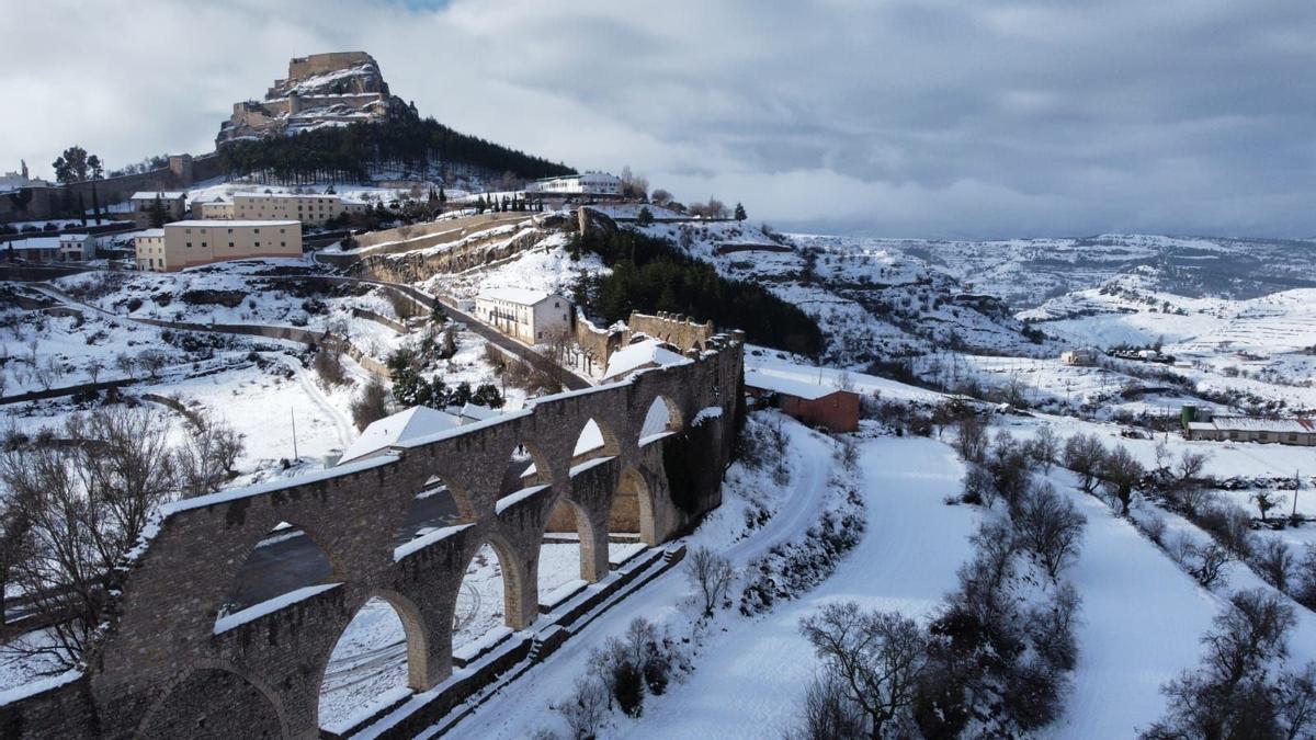 Imagen de Morella tras la nevada de la última semana.