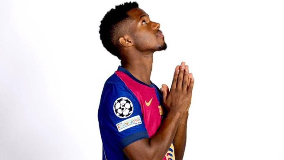 Ansu Fati, con la indumentaria oficial de la Champions