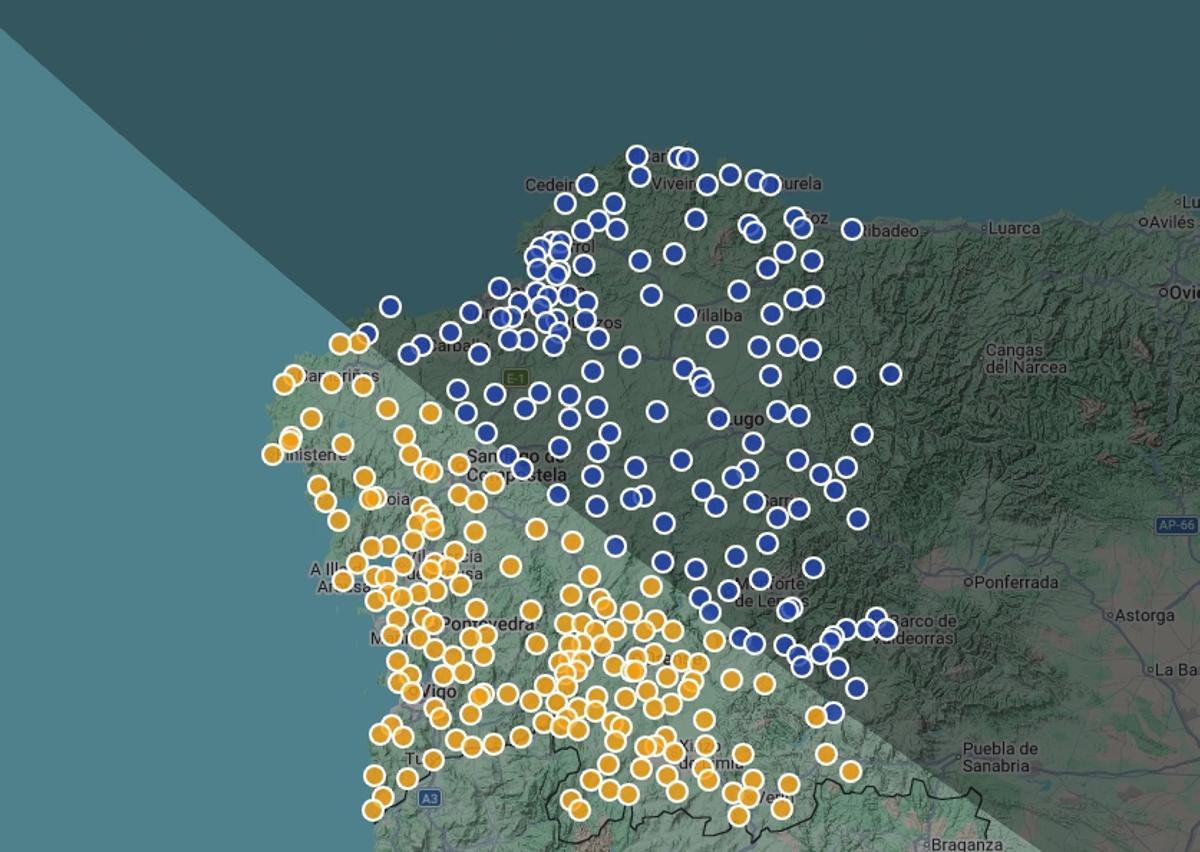 Mapa de Galicia para ver el eclipse. En la zona oscura y con los puntos azules los municipios en los que se verá al 100%. En la franja más clara y con puntos amarillos, incluyendo la comarca de O Morrazo, el eclipse será parcial.