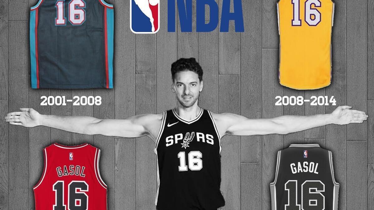 Pau Gasol, con las cuatro camisetas que ha lucido en la NBA, siempre con el número 16.