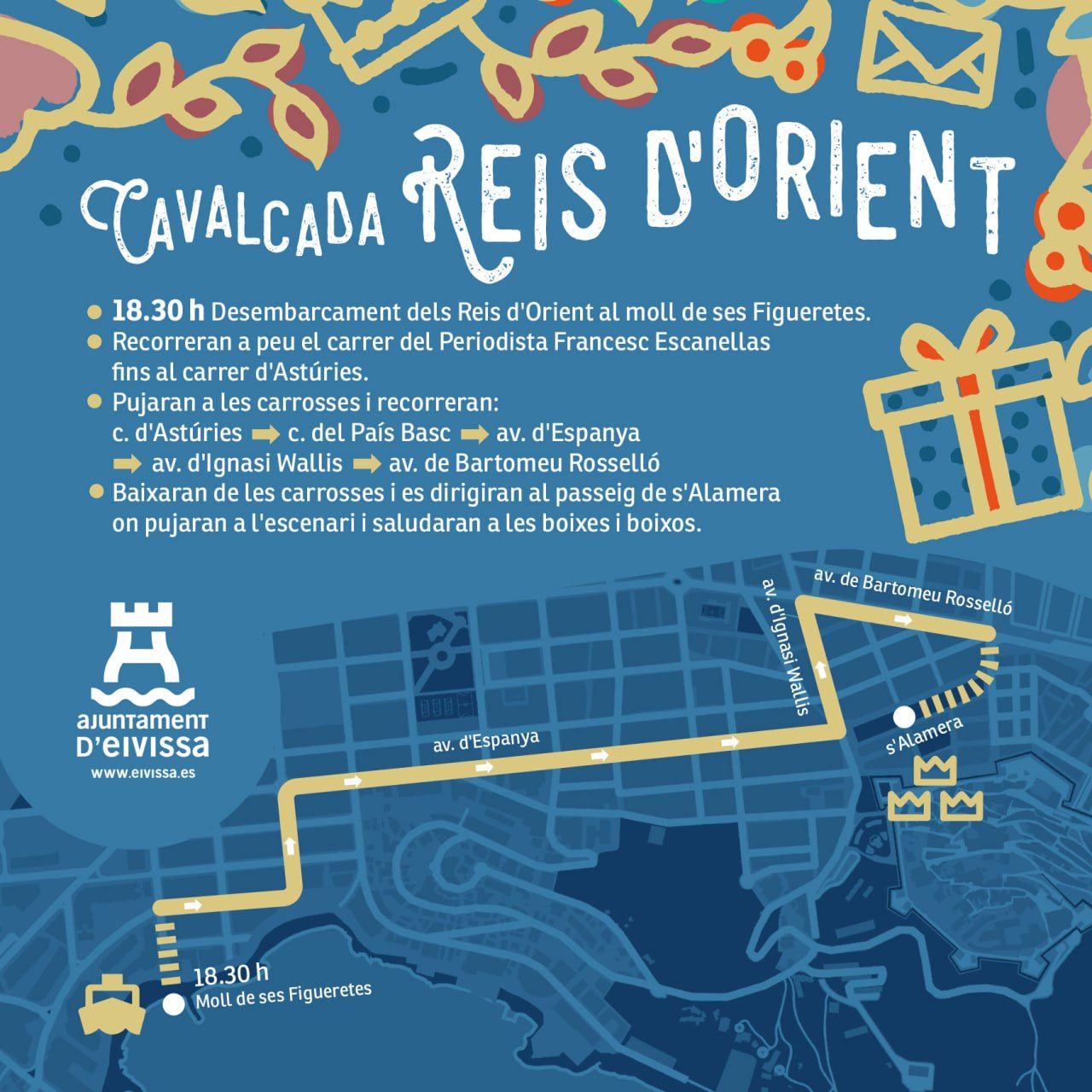 Mapa del recorrido de Cabalgata de los Reyes Magos en Ibiza.