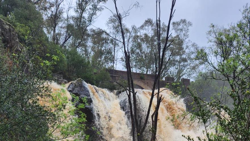 Espectacular salto de agua en el puente sobre el arroyo del Orejón en Trassierra