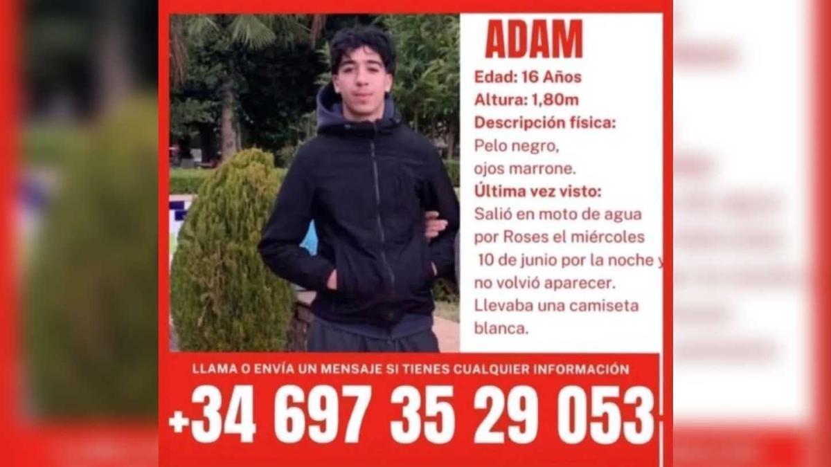 Cartell difós per la família d’Adam per demanar ajuda en la recerca del jove desaparegut al mar a Roses