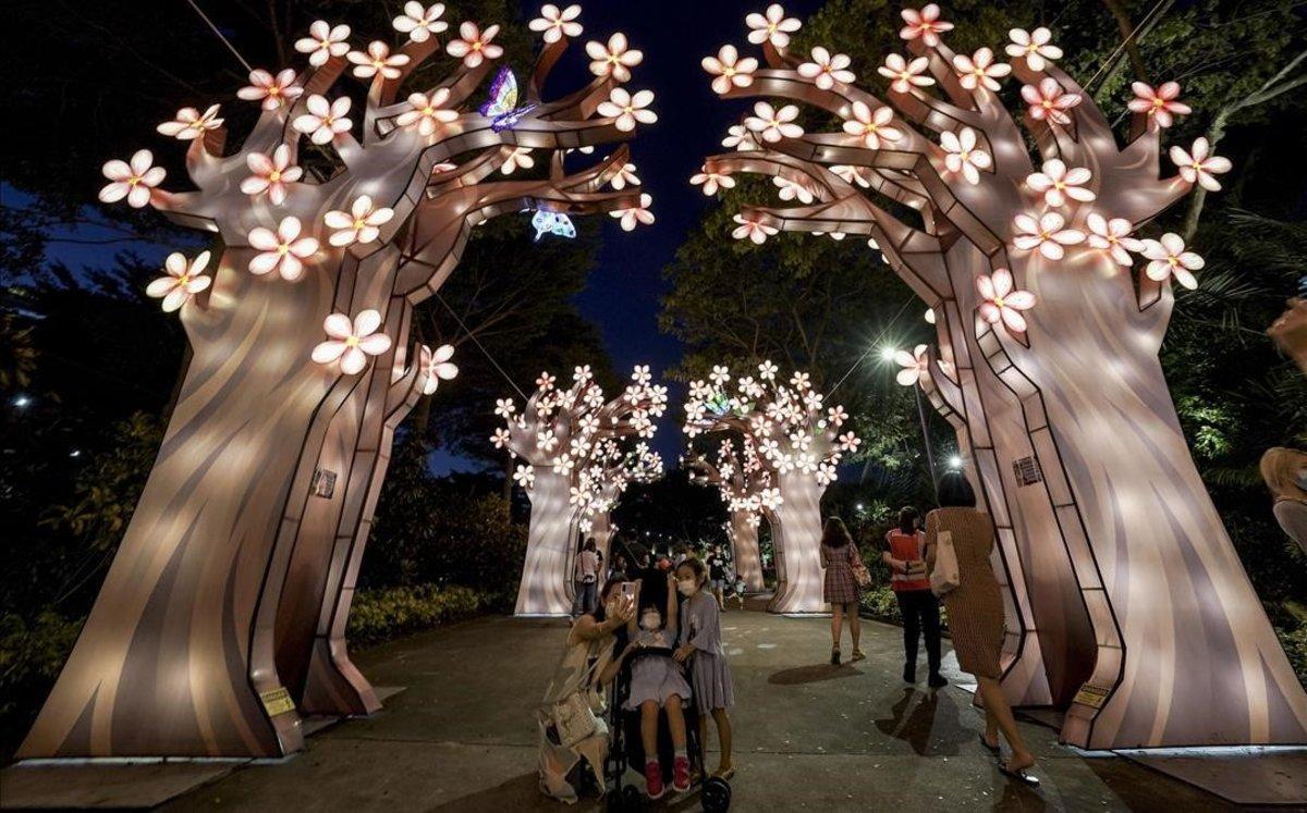 Un grupo de visitantes se hace un autorretrato bajo unos árboles frutales hechos de luces durante el Festival de Otoño que se celebra en Singapur.