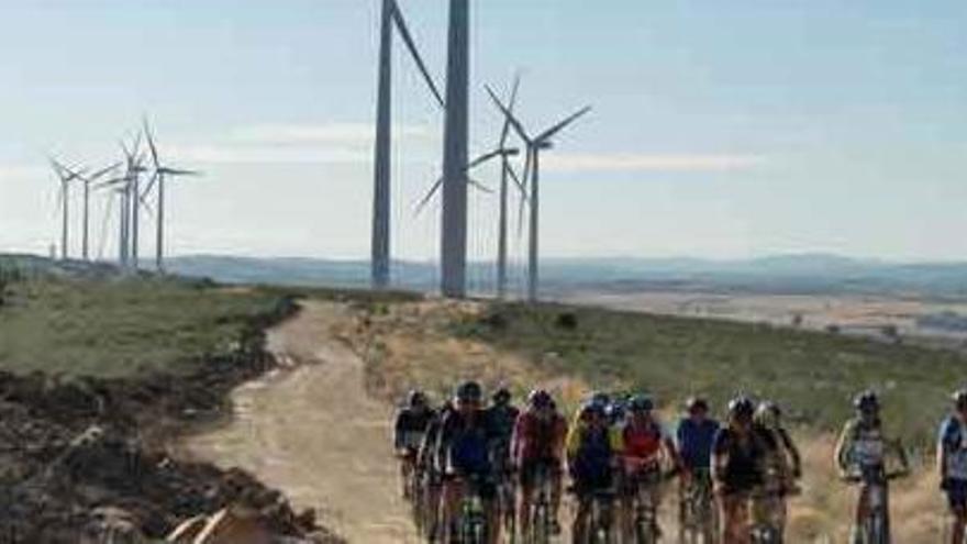 Un grupo de ciclistas pasa cerca de un parque eólico.