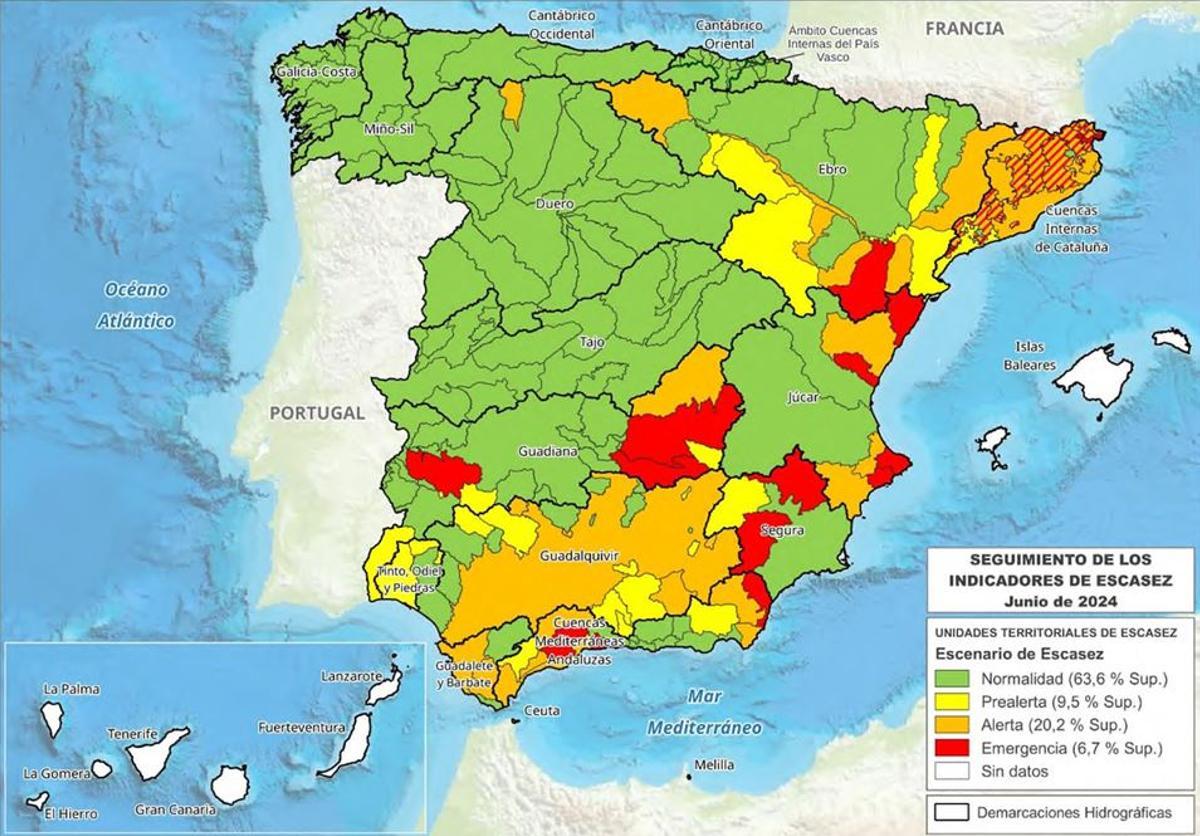 Situación de riesgo por sequía en España en julio de 2024 según la CHJ.