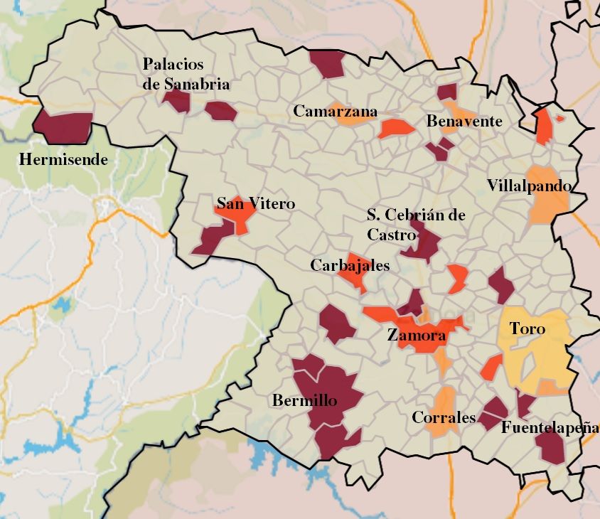 Mapa de contagios COVID por municipios en Zamora