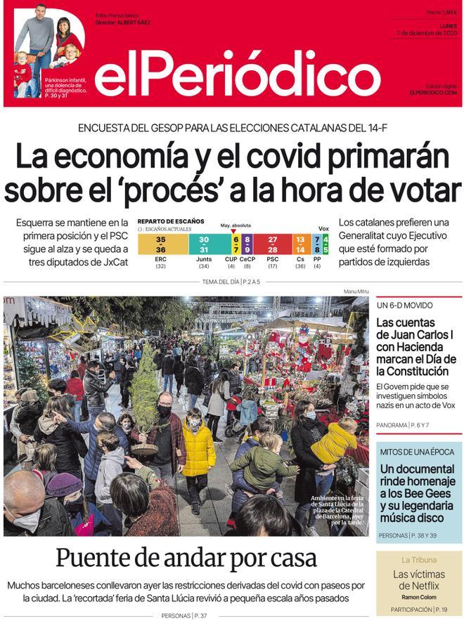 La portada d’EL PERIÓDICO del 7 de desembre del 2020