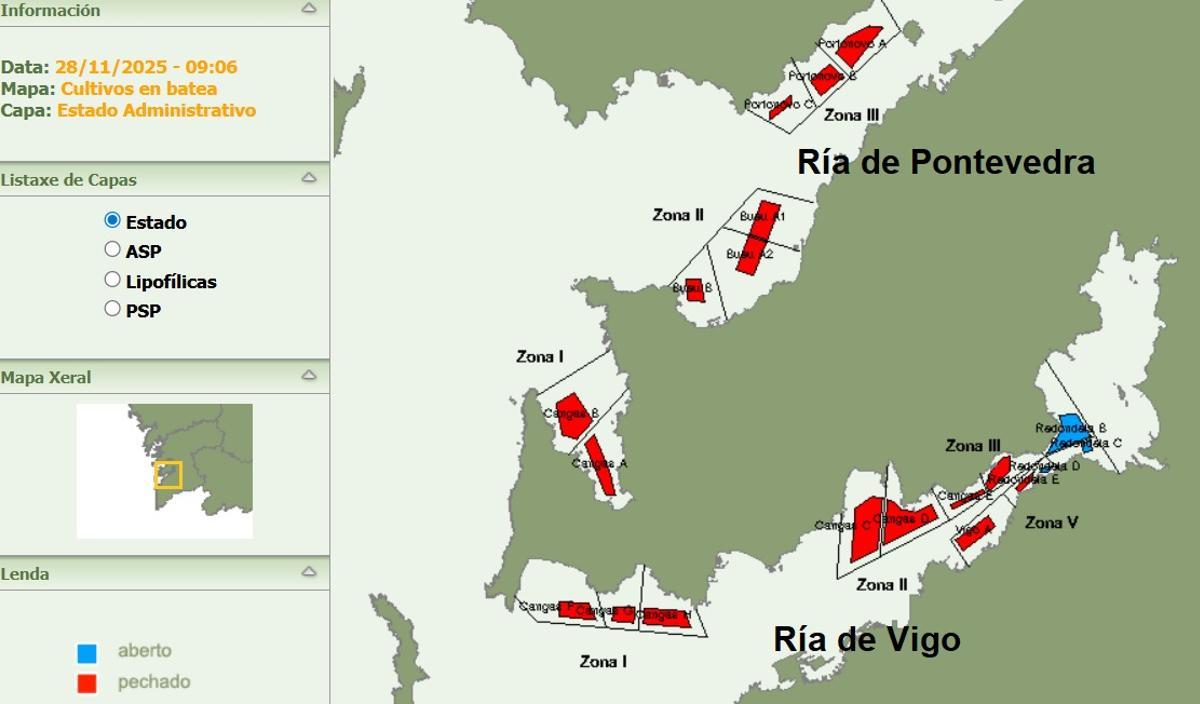 Mapa que muestra los polígonos cerrados (rojo) y abiertos (azul) en las rías de Pontevedra y Vigo.