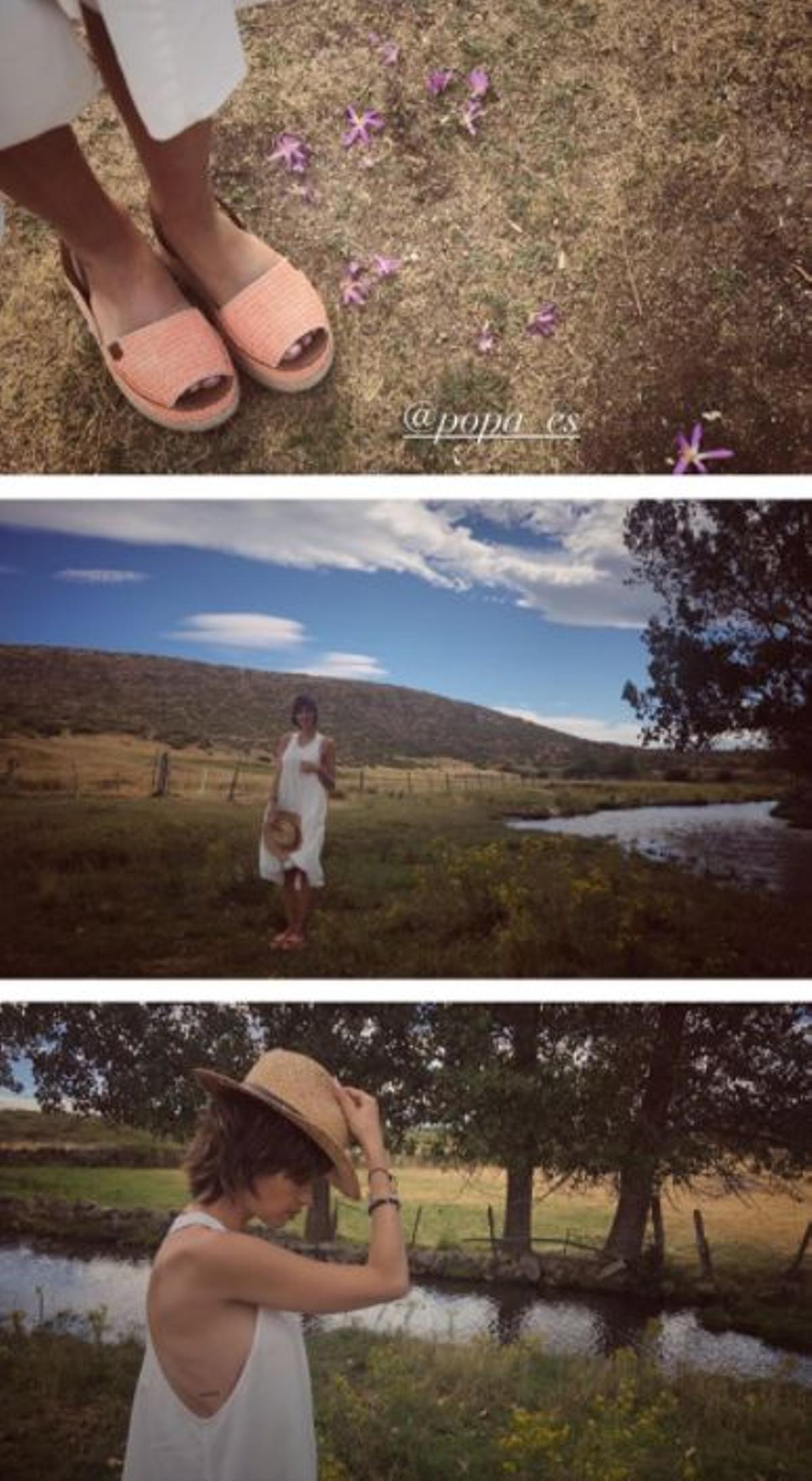 Stories de Sara Carbonero en forma de collage con tres imágenes en las que aprecia su elegante look veraniego para un paseo por el campo