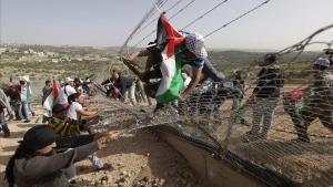 Manifestantes palestinos tratan de derribar una sección de la controvertida barrera israelí durante una protesta en la aldea de Bilin, cerca de Ramala, en Cisjordania. 