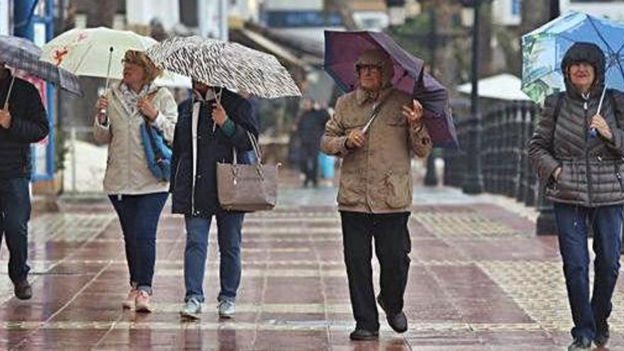 Viandantes se protegen de la lluvia bajo sus paraguas en el paseo de Santa Eulària.