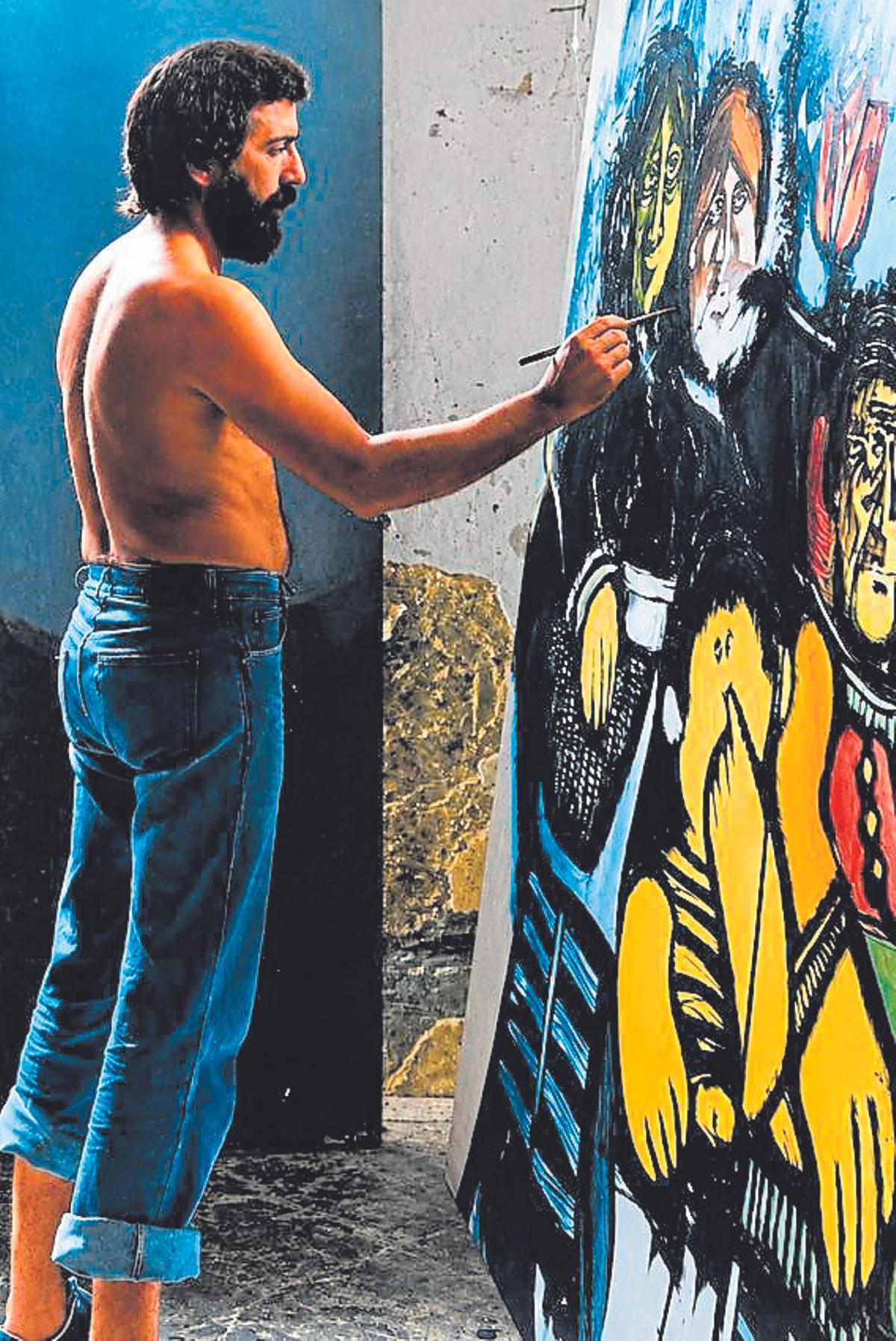 Joan Mas pintant el seu mural. Joan Mas pintant el seu mural.