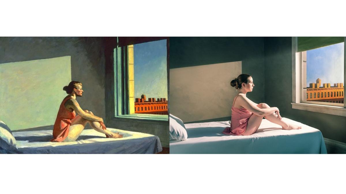 A l’esquerra, el famós quadre d’Edward Hopper, i a la dreta la fotografia d’Andrés Gallego inspirada en ‘Sol del matí’.