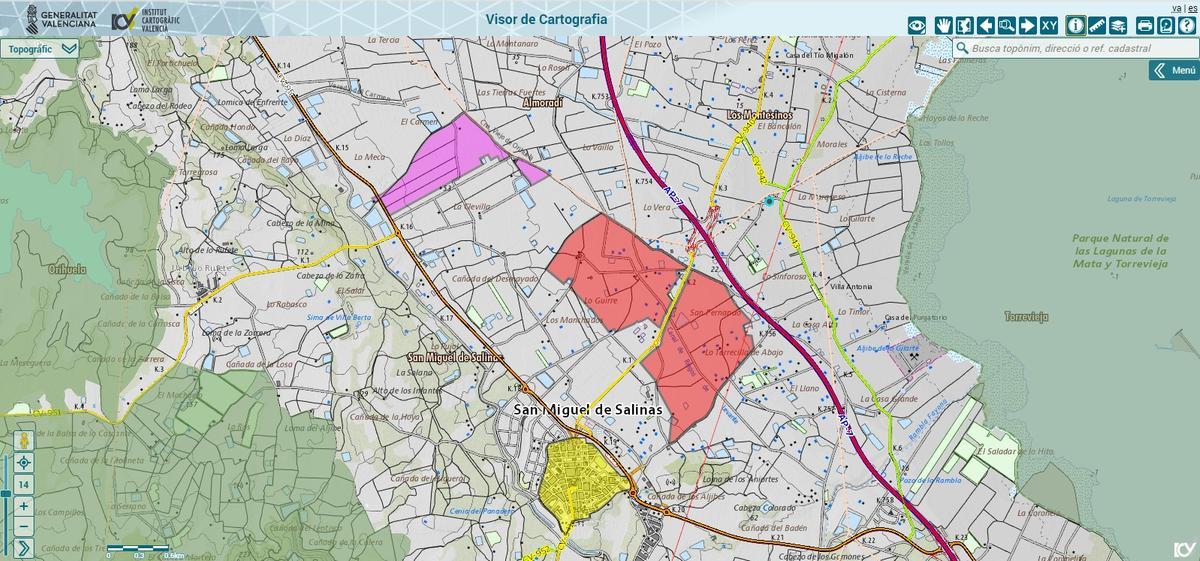 Mapa de ubicación de la planta solar en rojo. En amarillo el casco urbano de San Miguel. En rosa, proyecto de planta solar privado ya autorizado