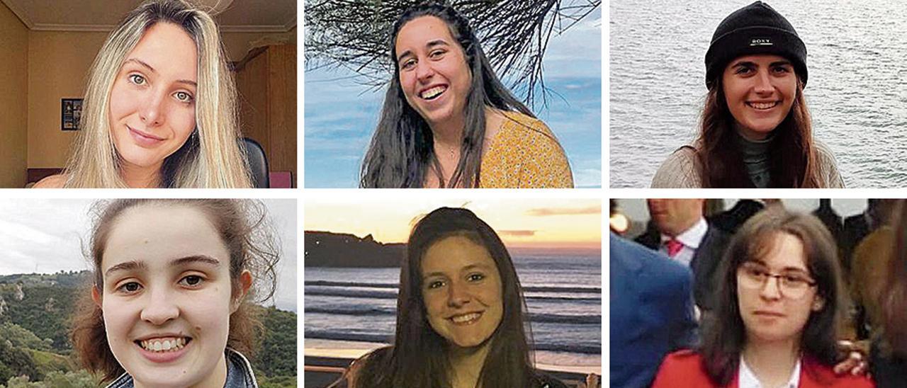 De arriba a abajo, y de izquierda a derecha: Victoria Álvarez Sordo, en 4.º de Ingeniería Informática; Alba González Fernández, en 3.º de Organización Industrial; Ana García Fernández, en 3.º de Tecnologías Industriales; María López Álvarez, en 5.º de Matemáticas y Física; Marina Álvarez Díaz, en 5.º de Matemáticas y Física, y Laura Vigil Laruelo, en 4.º de Ingeniería Informática.