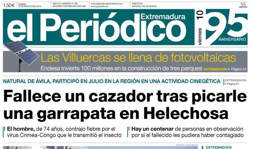 Esta es la portada de EL PERIÓDICO EXTREMADURA correspondiente al día 10 de agosto del 2018