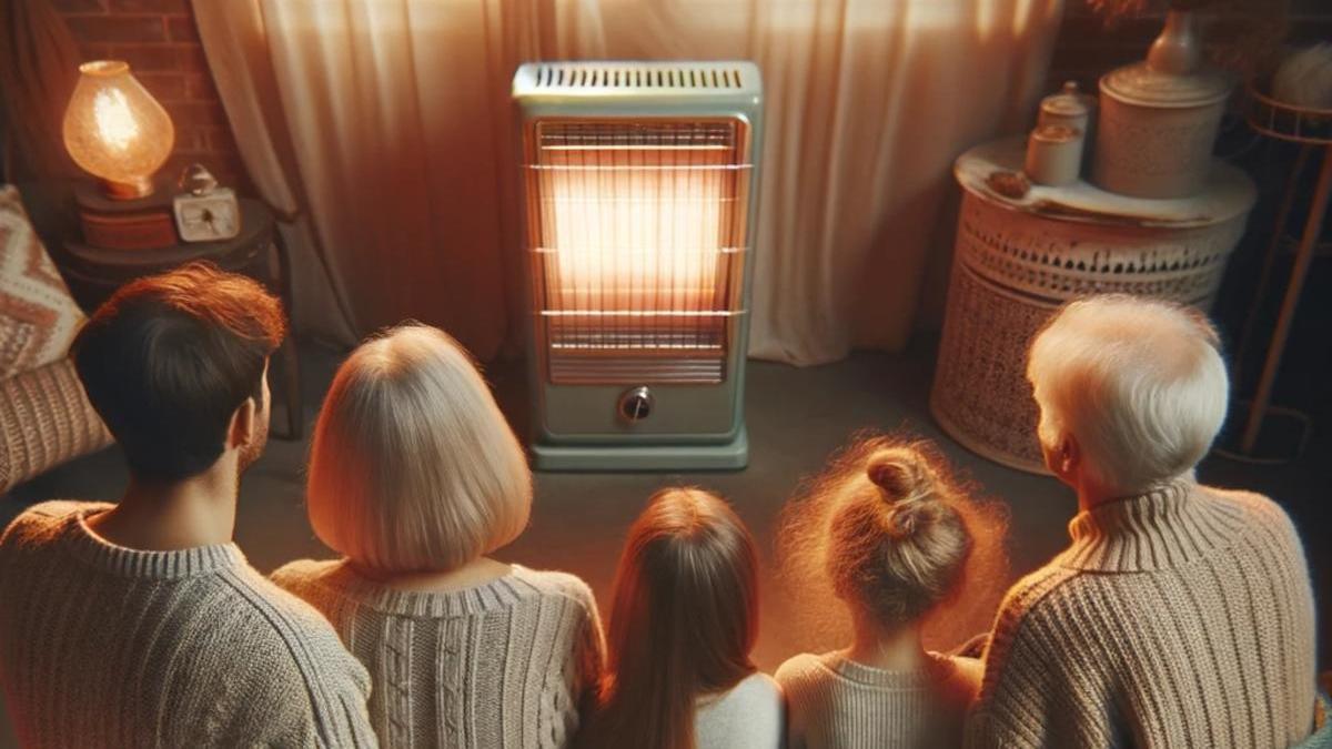 Una familia se caliante frente a un radiador de mica en una imagen creada con IA