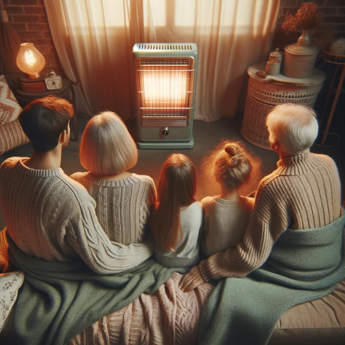 Una familia se caliante frente a un radiador de mica en una imagen creada con IA