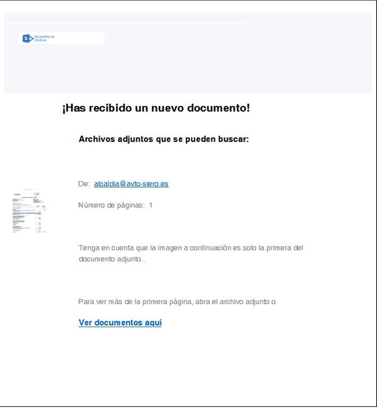 Un mensaje fraudulento supuestamente enviado desde el Ayuntamiento de Siero por una factura