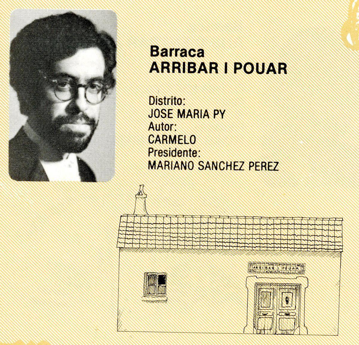 Tarjeta identificativa de la barraca Arribar i Pouar, con Mariano Sánchez Soler de presidente.