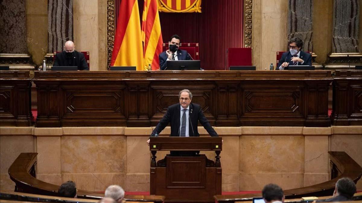 Publicación en el Boletín Oficial del Parlament de las resoluciones del pleno sobre la monarquía. En la foto, intervención de Quim Torra en el pleno extraordinario del Parlament sobre el papel de la monarquía. 