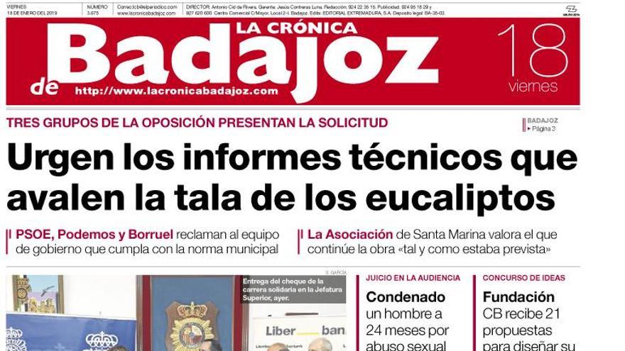 Esta es la portada de LA CRÓNICA DE BADAJOZ correspondiente al día 18 de enero del 2019