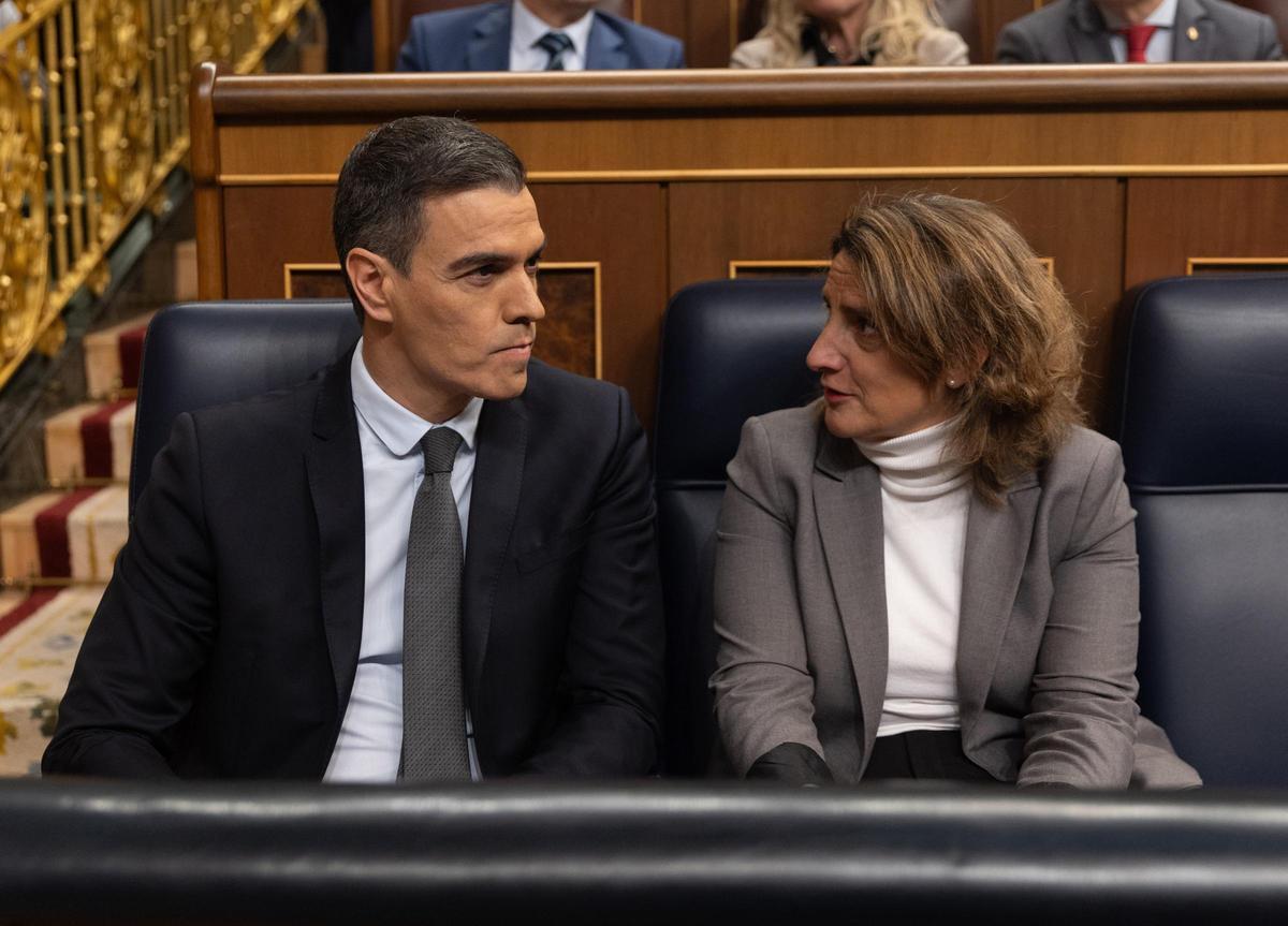El presidente del Gobierno, Pedro Sánchez y la vicepresidenta tercera y ministra para la Transición Ecológica y el Reto Demográfico, Teresa Ribera, durante una sesión de control al Gobierno.