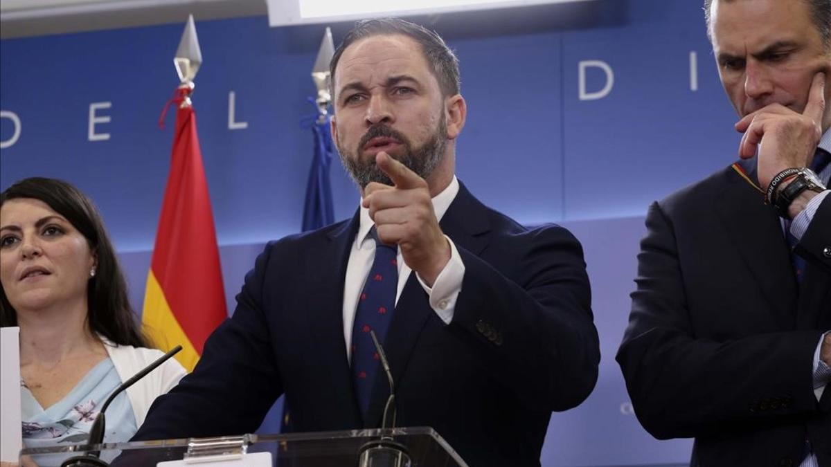 Santiago Abascal, en la rueda de prensa de Vox en el Congreso de los Diputados