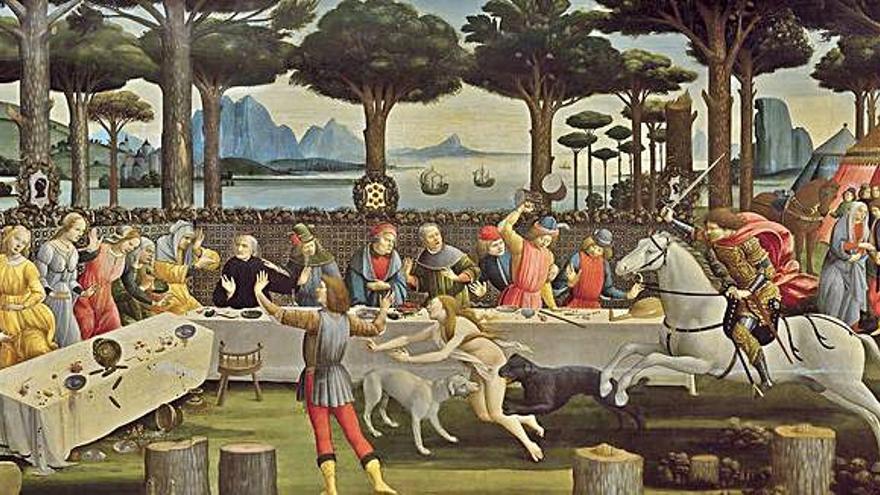 Uno de los cuadros de la serie de Nastagio degli Onesti, de Botticelli. 