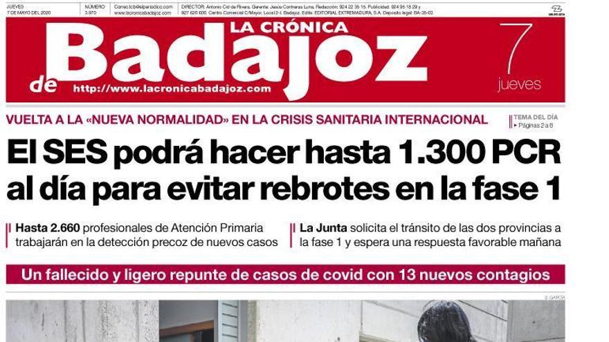 Esta es la portada de LA CRÓNICA DE BADAJOZ correspondiente al día 7 de mayo del 2020