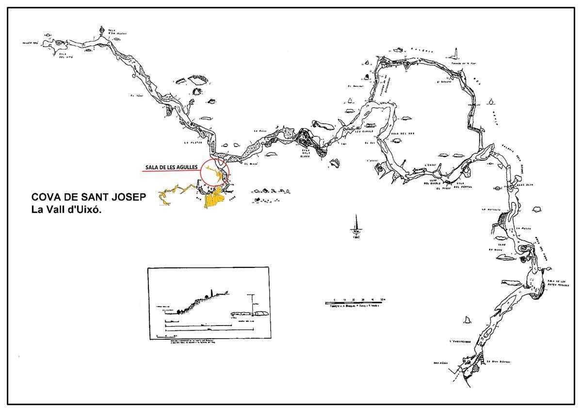 Topografia de les Coves de Sant Josep, on s'assenyala l'ubicació de les dues noves galeries descobertes.