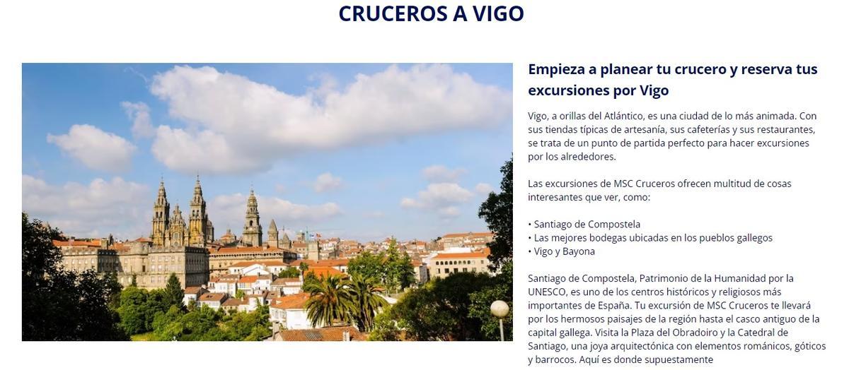 Presentación de Vigo en la página de MSC Cruceros ilustrada con la Catedral de Santiago.