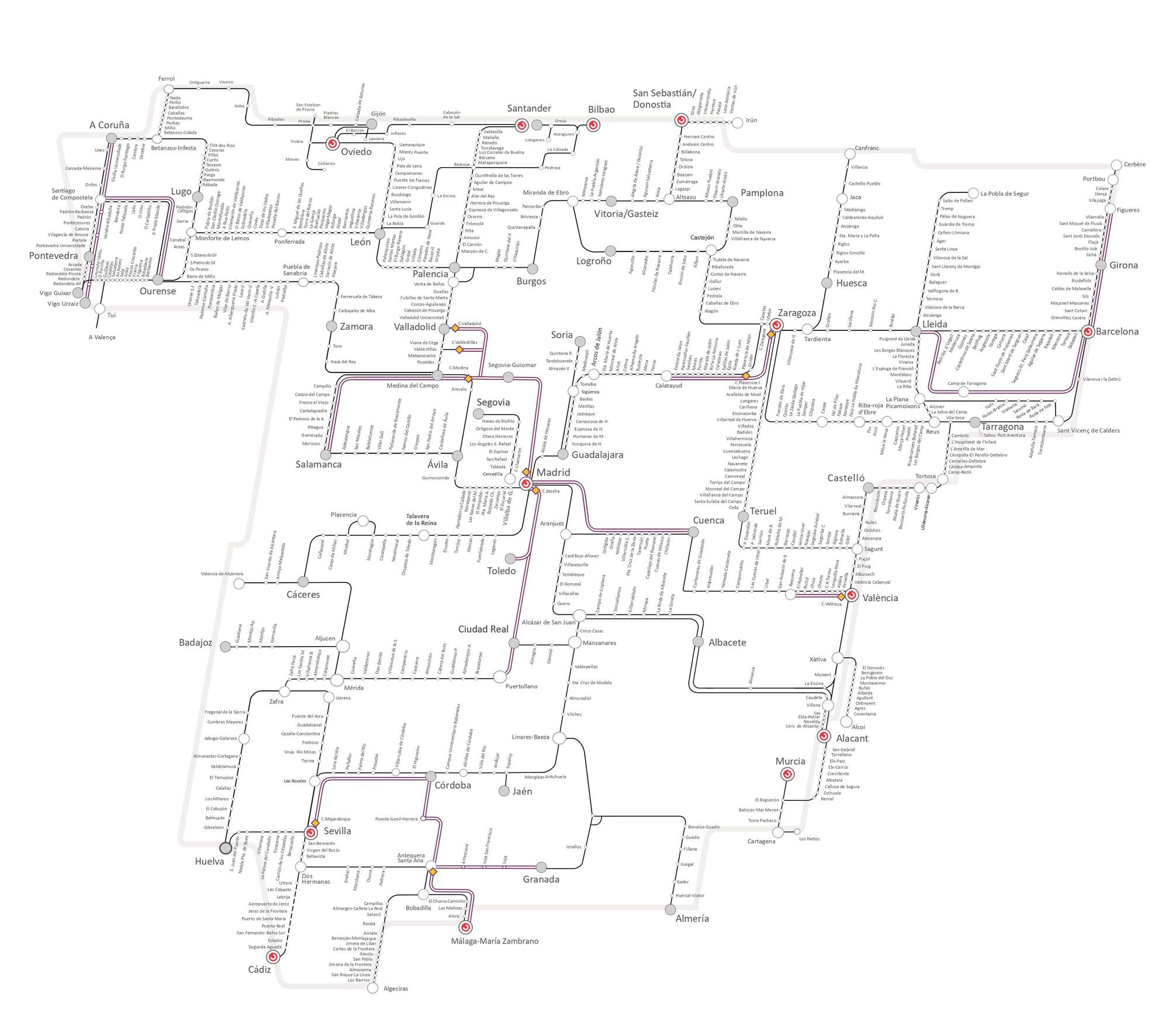 Mapa de los servicios de Media Distancia y Cercanías operados por Renfe