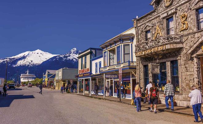 The main street, Broadway, in the Klondike Gold Rush National Historical Park, Skagway, Inside Passage, southeast Alaska USA.