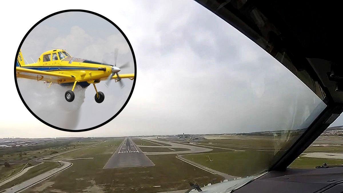 Final corta de la pista 12 desde cabina y el avión del Infoca implicado en el suceso.
