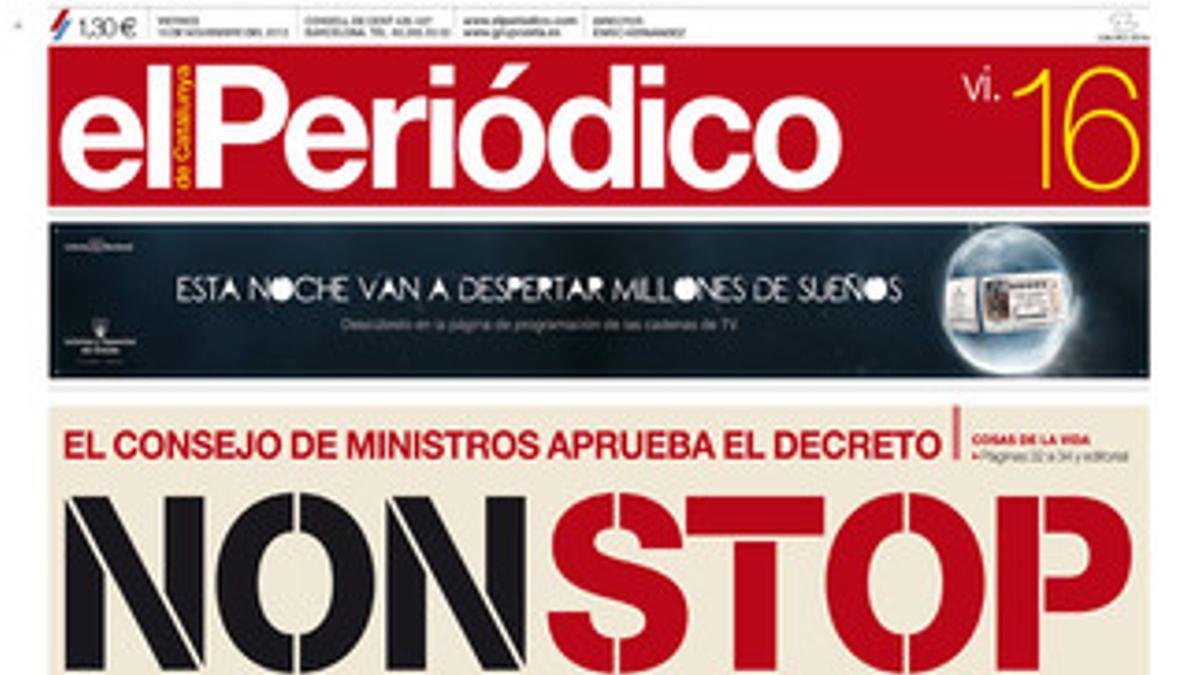 La portada de EL PERIÓDICO (16-11-2012).