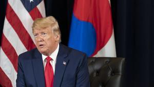 23/09/2019 HANDOUT - 23 September 2019, US, New York: USÂ President Donald Trump speaks during his meeting with South Korean President Moon Jae-in during their meeting at the InterContinental Barclay hotel, on the sidelines of the United Nations General Assembl. Photo: Shealah Craighead/White House /dpa - ATTENTION: editorial use only and only if the credit mentioned above is referenced in full