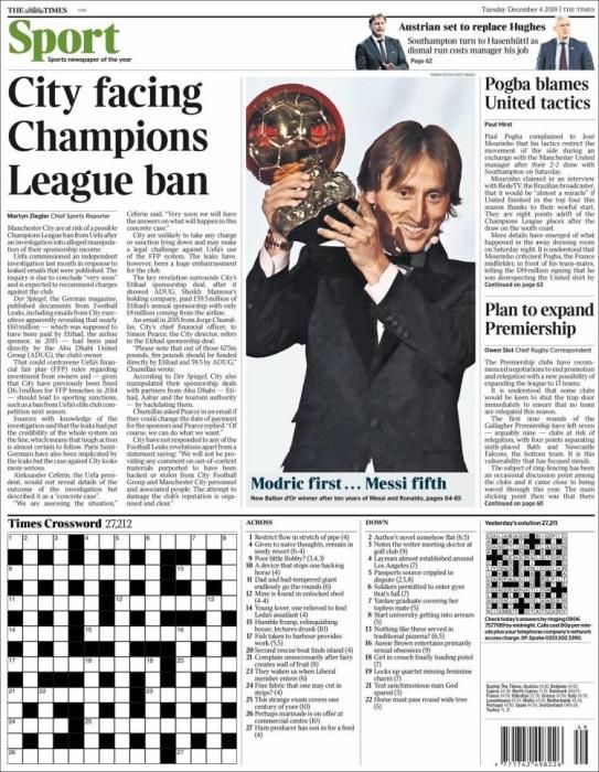 Portada THE TIMES SPORT martes 4 de diciembre 2018